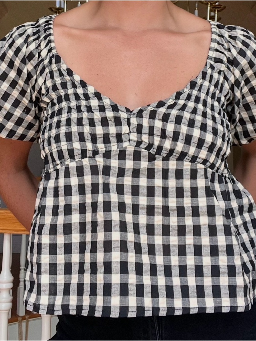 Black and White Gingham Puff Sleeve Top